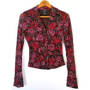 INC Petite top with pink red & brown roses, size P